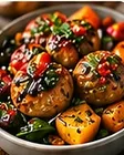 Grass-Fed Beef Mediterranean Bowl: beef meatballs with roasted vegetables and quinoa