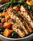 Herb Chicken Harvest Bowl: sliced herb-roasted chicken with sweet potatoes and greens